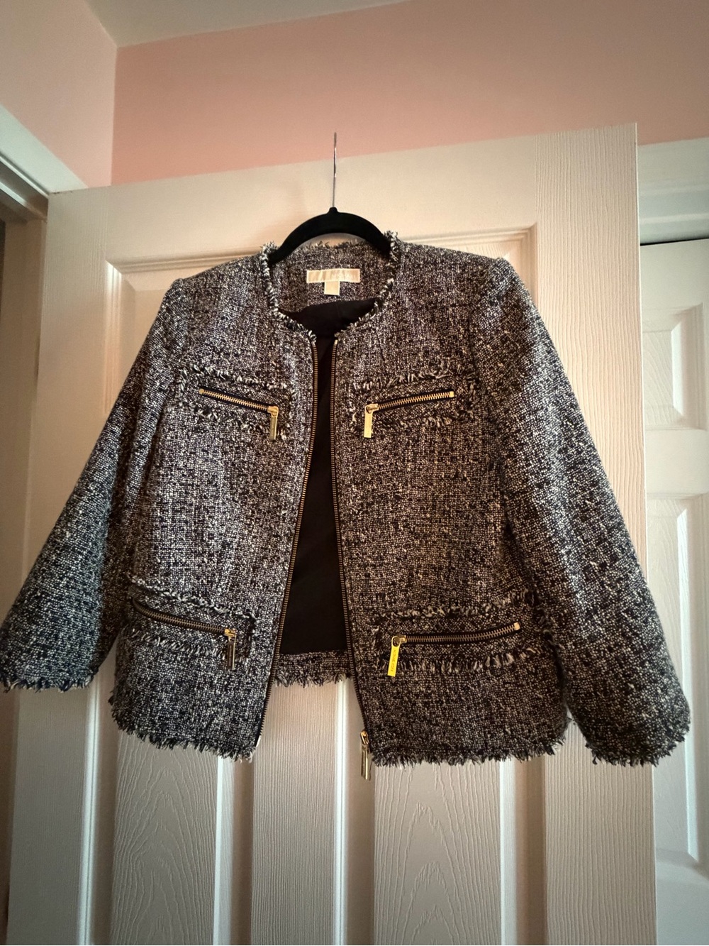 MICHAEL Michael Kors Gray Tweed Frayed Zip Jacket